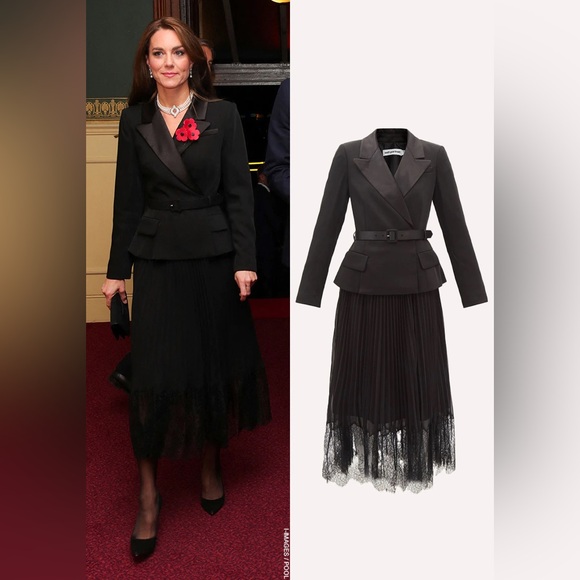 Self-Portrait Tailored Crepe and Chiffon Midi Dress in Black - Picture 1 of 16